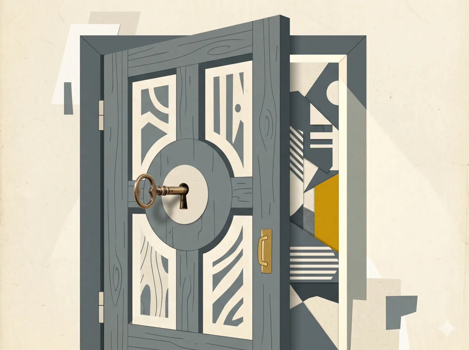 An illustration of a key unlocking a door that opens onto a structured, geometric interior.