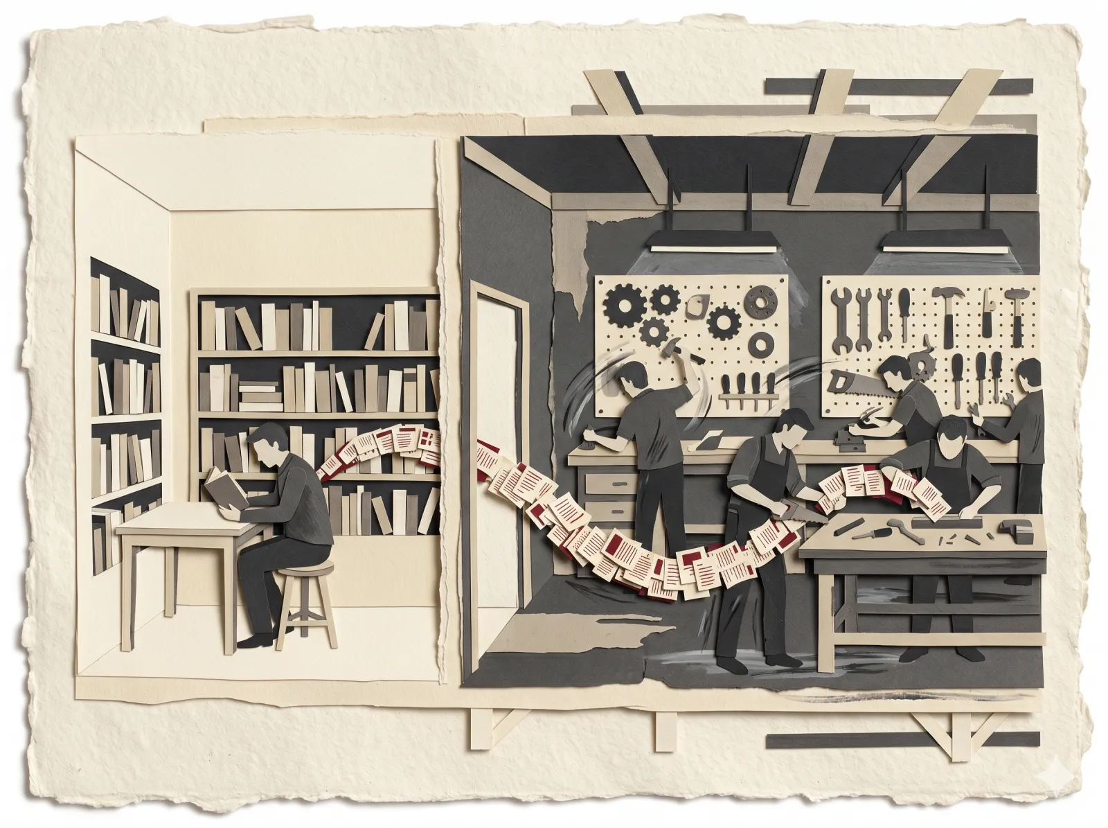 A paper-craft diptych: a person reading quietly in a library on the left, a busy workshop building things on the right, connected by a chain of pages.