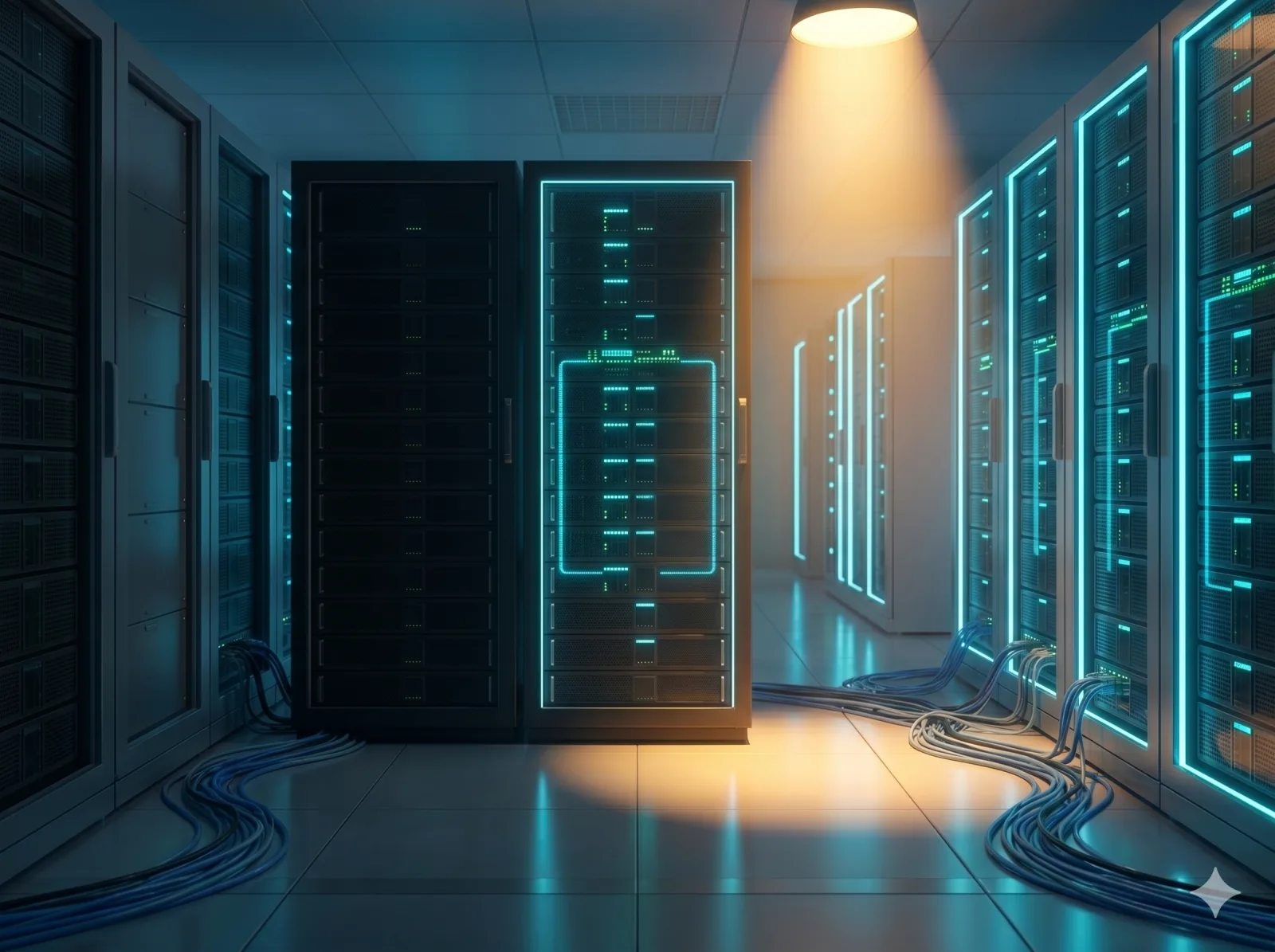 A single server rack glowing under a warm spotlight in a corridor of darkened, identical racks.