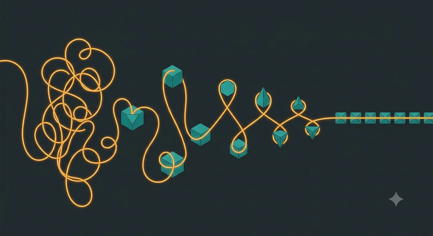 A tangled glowing wire on the left resolving into a clean, evenly spaced row of simple squares on the right, representing progression from complexity to simplicity.